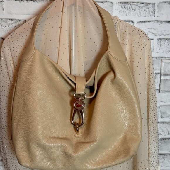 Dooney & Bourke Bone Pebble Leather Logo Lock Large Shoulder Purse Handbag - Picture 1 of 13